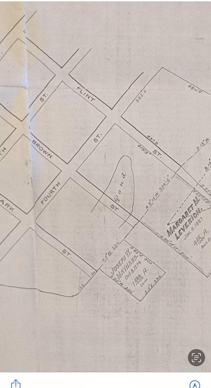 Detail of an 1887 bottom-land grant map of Greenport showing the pond and the parcel of Margaret M. Leverich