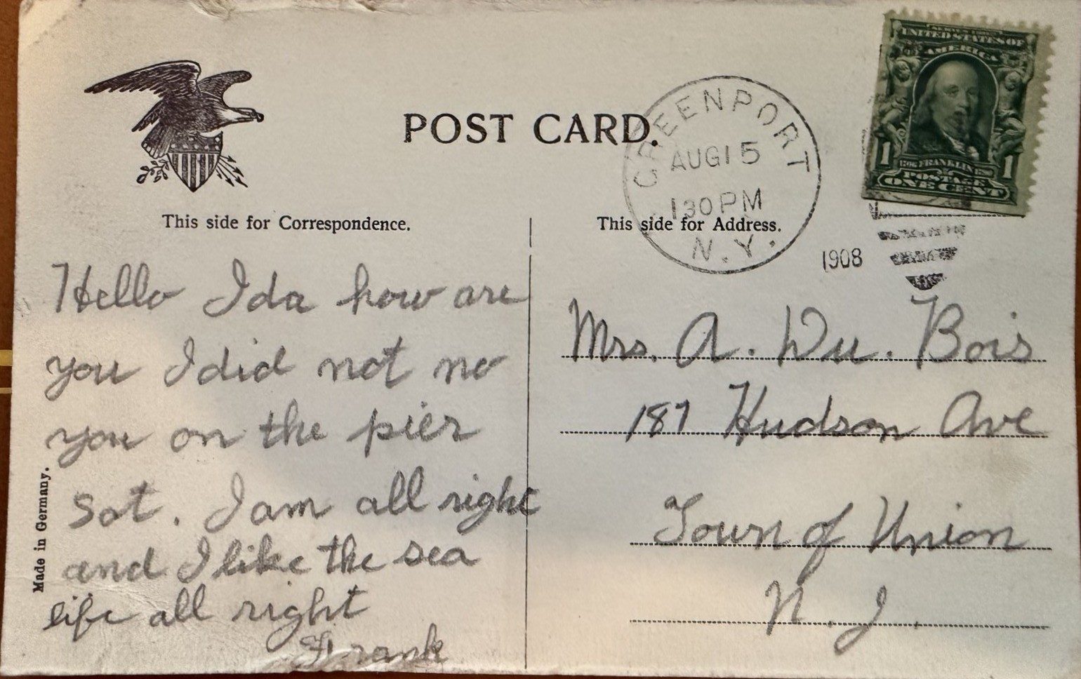 Postcard back postmarked Greenport, August 15, 1908