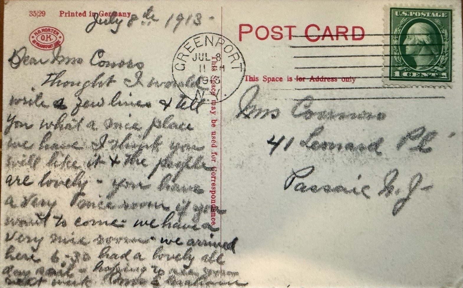 Postcard back postmarked Greenport, July 8, 1913