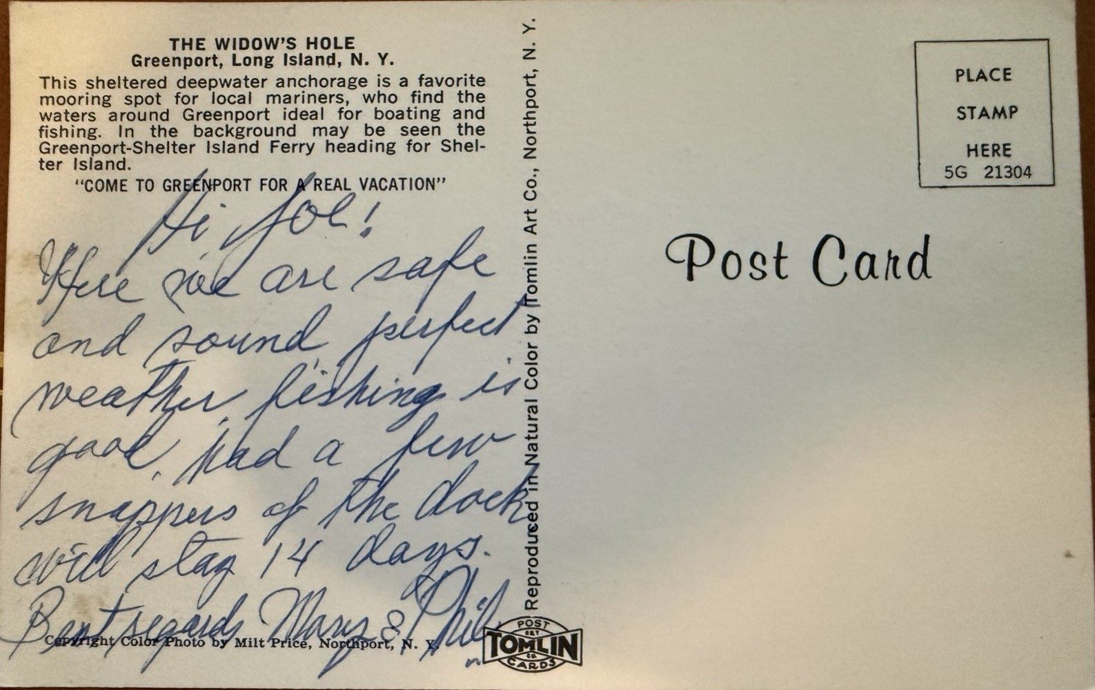 Postcard back from the 1950s describing Widow's Hole as a sheltered deepwater anchorage