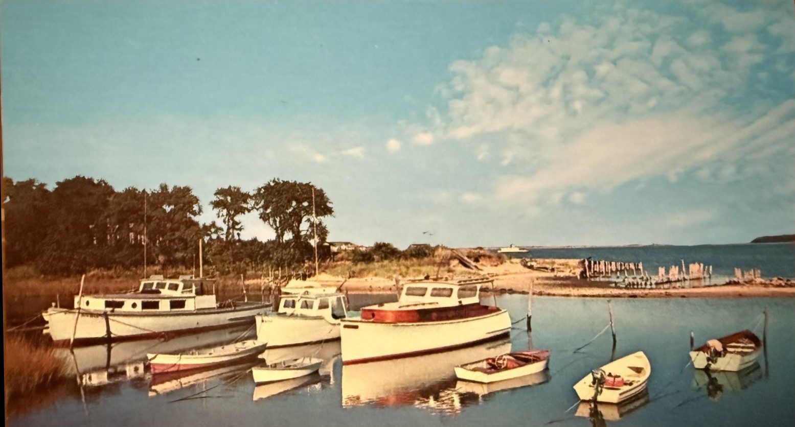 1950s color postcard of cabin cruisers moored at Widow's Hole