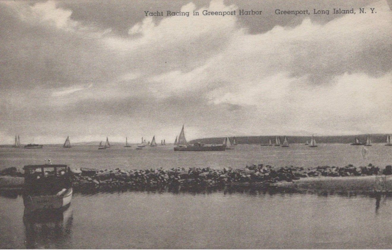 Vintage postcard: Yacht Racing in Greenport Harbor, seen across the rock jetty at Widow's Hole